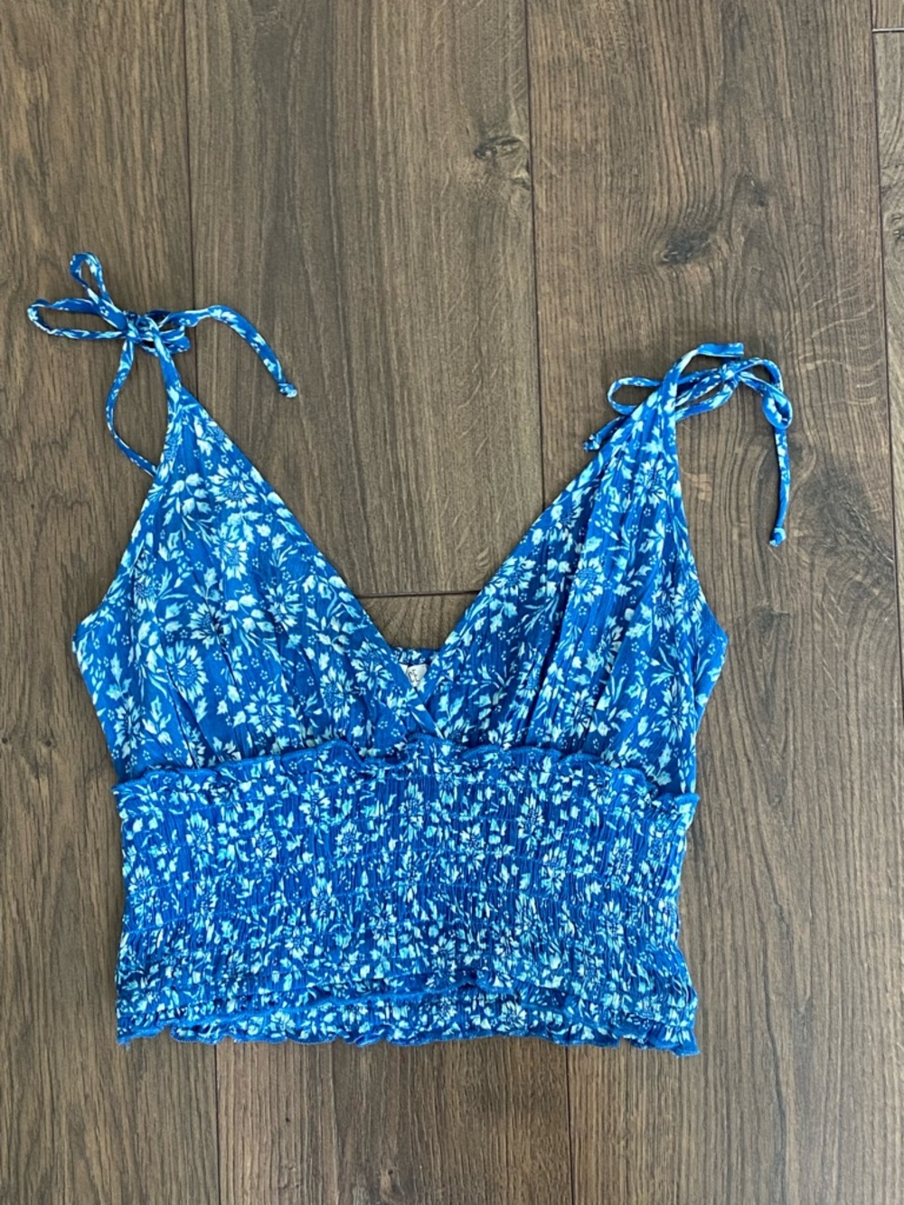 Patrons of Peace Blue Floral Tie-Strap Smocked Crop Top